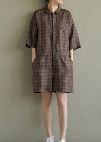 Loose brown Plaid linen lapel jumpsuit pants short summer - bagstylebliss