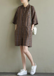 Loose brown Plaid linen lapel jumpsuit pants short summer - bagstylebliss