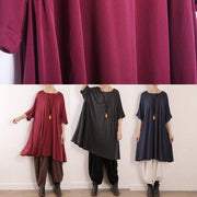 Loose burgundy Silk quilting dresses o neck Art summer Dress - bagstylebliss