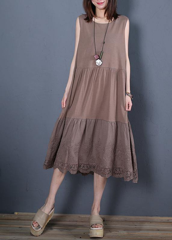 Loose chocolate cotton outfit o neck sleeveless Robe Dresses - bagstylebliss