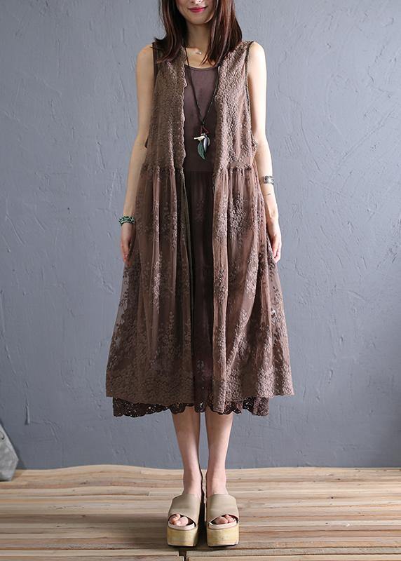 Loose chocolate cotton outfit o neck sleeveless Robe Dresses - bagstylebliss