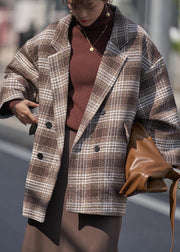 Loose chocolate plaid Fine trench coat Wardrobes Notched double breast wool jackets - bagstylebliss
