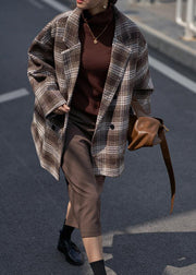 Loose chocolate plaid Fine trench coat Wardrobes Notched double breast wool jackets - bagstylebliss