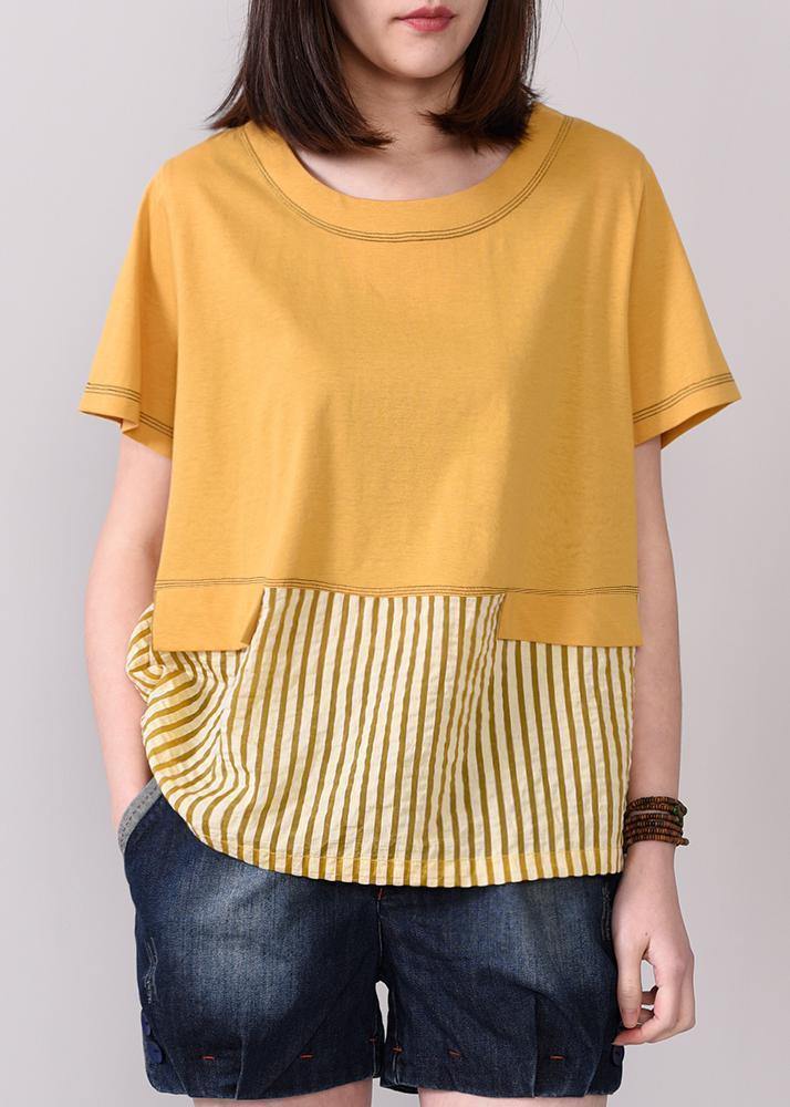 Loose cotton Tunic boutique Spliced Striped Cotton Round Neck Blouse - bagstylebliss