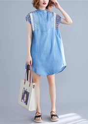 Loose denim blue Cotton dresses stand collar embroidery tunic summer Dresses - bagstylebliss