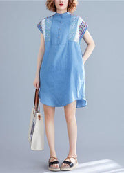 Loose denim blue Cotton dresses stand collar embroidery tunic summer Dresses - bagstylebliss