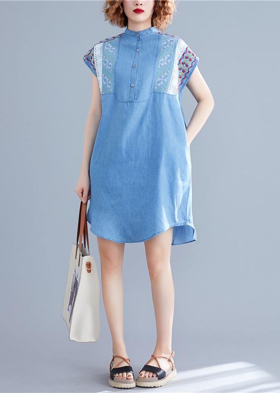 Loose denim blue Cotton dresses stand collar embroidery tunic summer Dresses - bagstylebliss