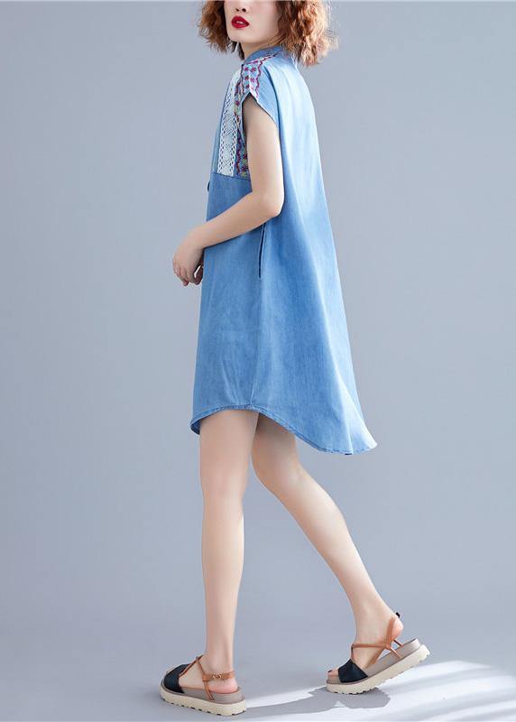 Loose denim blue Cotton dresses stand collar embroidery tunic summer Dresses - bagstylebliss