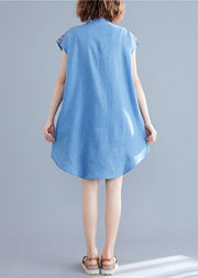 Loose denim blue Cotton dresses stand collar embroidery tunic summer Dresses - bagstylebliss