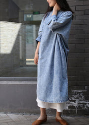Loose denim blue Tunics stand collar side open Plus Size Dresses - bagstylebliss