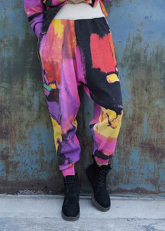 Loose elastic waist pants plus size purple red prints Work knit pant - bagstylebliss