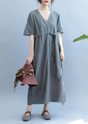 Loose gray plaid clothes Women v neck drawstring Art summer Dress - bagstylebliss