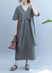 Loose gray plaid clothes Women v neck drawstring Art summer Dress - bagstylebliss