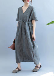 Loose gray plaid clothes Women v neck drawstring Art summer Dress - bagstylebliss