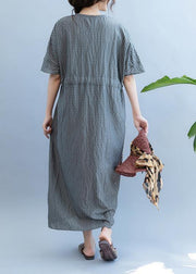 Loose gray plaid clothes Women v neck drawstring Art summer Dress - bagstylebliss