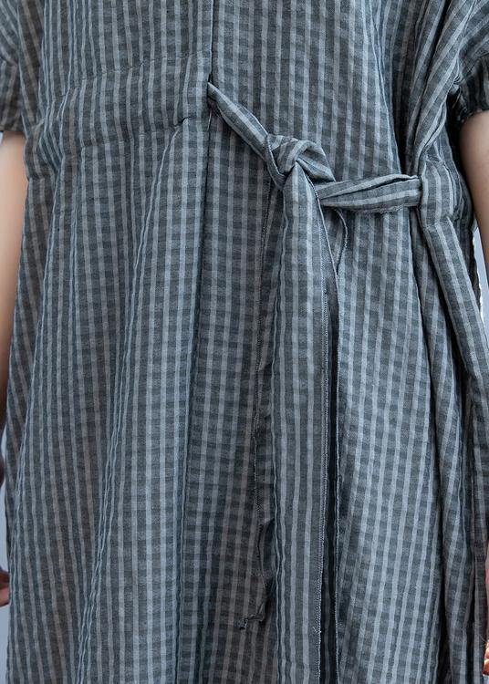 Loose gray plaid clothes Women v neck drawstring Art summer Dress - bagstylebliss