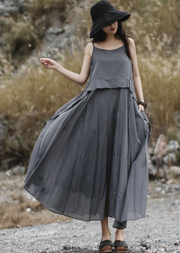 Loose gray sleeveless linen outfit loose waist Maxi summer Dress - bagstylebliss