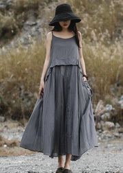 Loose gray sleeveless linen outfit loose waist Maxi summer Dress - bagstylebliss