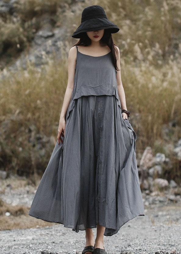 Loose gray sleeveless linen outfit loose waist Maxi summer Dress - bagstylebliss