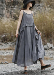 Loose gray sleeveless linen outfit loose waist Maxi summer Dress - bagstylebliss