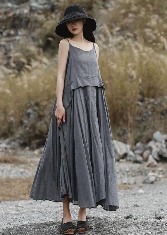 Loose gray sleeveless linen outfit loose waist Maxi summer Dress - bagstylebliss