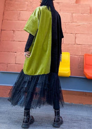 Loose green clothes o neck patchwork tulle robes spring Dresses - bagstylebliss