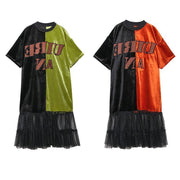 Loose green clothes o neck patchwork tulle robes spring Dresses - bagstylebliss