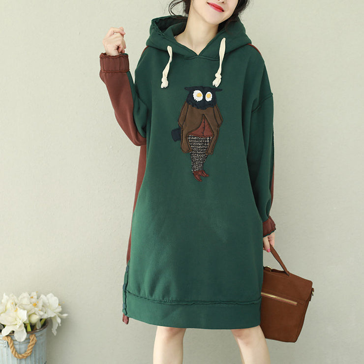 Loose green patchwork red Cotton Tunics Organic Runway hooded loose Dress