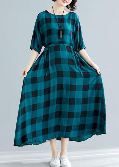 Loose green plaid cotton dress half sleeve Dresses summer Dresses - bagstylebliss