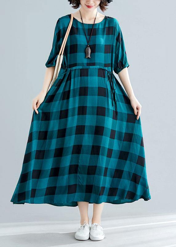 Loose green plaid cotton dress half sleeve Dresses summer Dresses - bagstylebliss