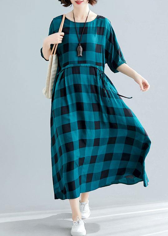 Loose green plaid cotton dress half sleeve Dresses summer Dresses - bagstylebliss