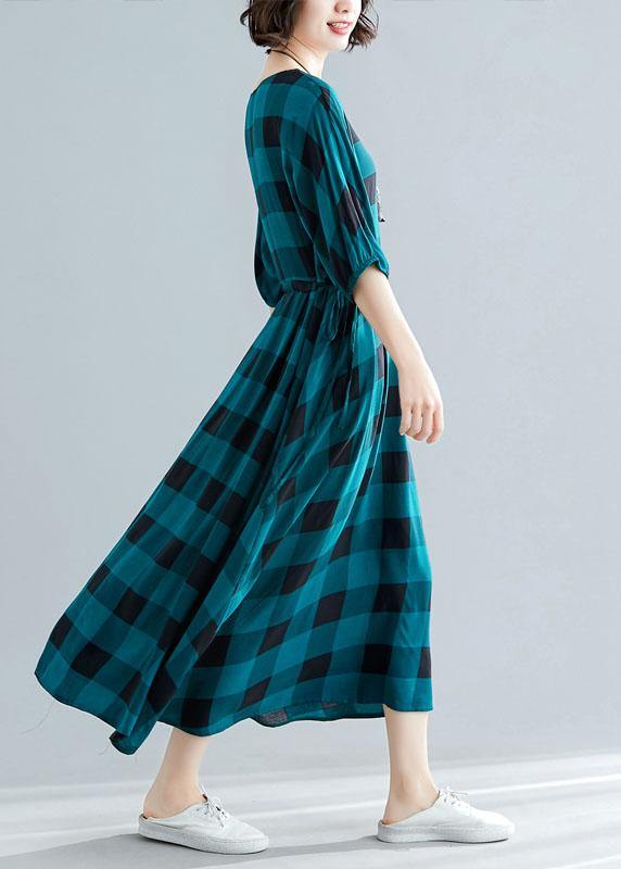 Loose green plaid cotton dress half sleeve Dresses summer Dresses - bagstylebliss