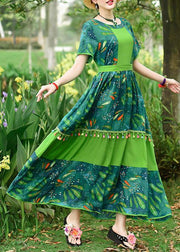 Loose green print cotton Tunics o neck patchwork tassel Art summer Dresses - bagstylebliss