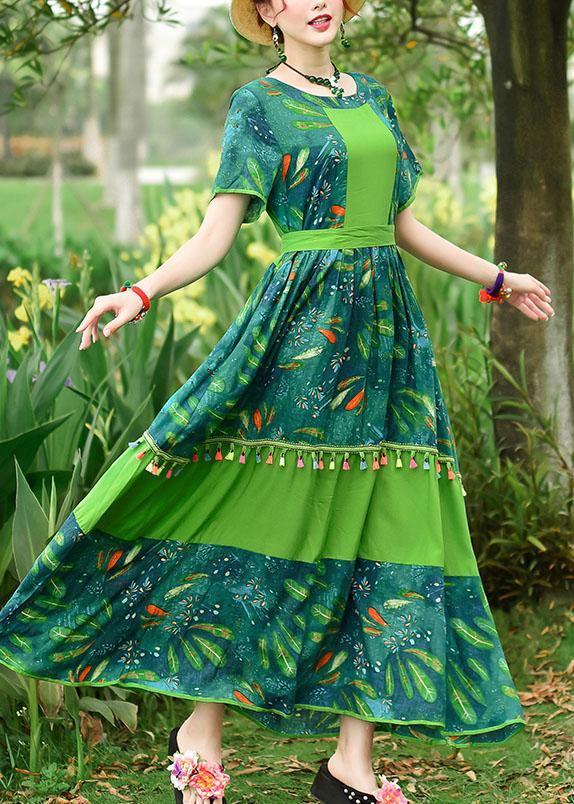 Loose green print cotton Tunics o neck patchwork tassel Art summer Dresses - bagstylebliss