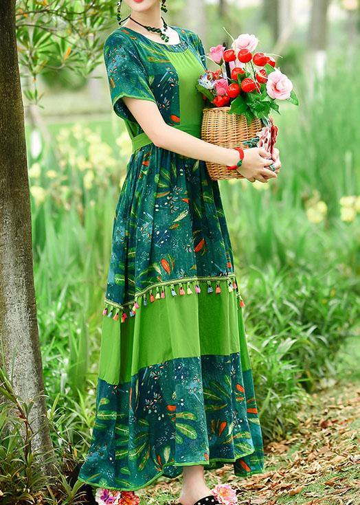 Loose green print cotton Tunics o neck patchwork tassel Art summer Dresses - bagstylebliss