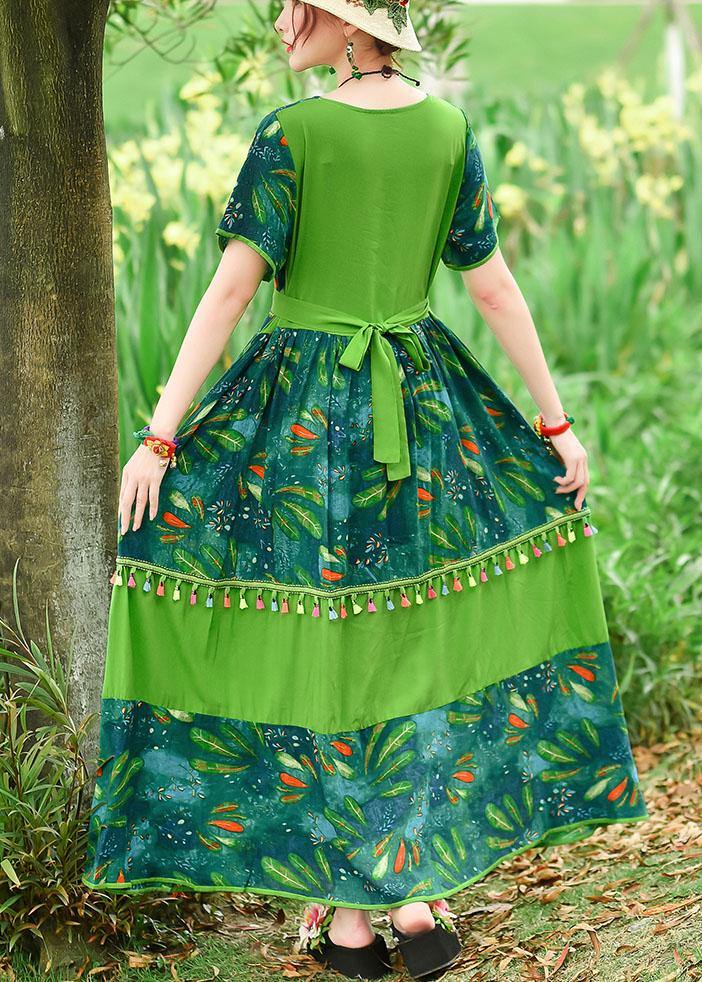 Loose green print cotton Tunics o neck patchwork tassel Art summer Dresses - bagstylebliss