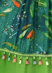 Loose green print cotton Tunics o neck patchwork tassel Art summer Dresses - bagstylebliss