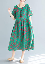 Loose green print cotton linen dresses Plus Size Inspiration o neck pockets Dresses Summer Dress - bagstylebliss