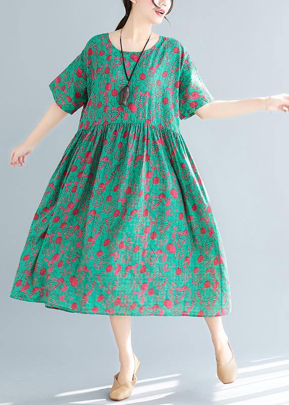 Loose green print cotton linen dresses Plus Size Inspiration o neck pockets Dresses Summer Dress - bagstylebliss