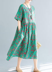 Loose green print cotton linen dresses Plus Size Inspiration o neck pockets Dresses Summer Dress - bagstylebliss