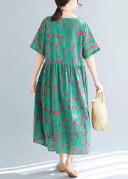 Loose green print cotton linen dresses Plus Size Inspiration o neck pockets Dresses Summer Dress - bagstylebliss