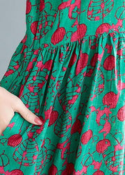 Loose green print cotton linen dresses Plus Size Inspiration o neck pockets Dresses Summer Dress - bagstylebliss