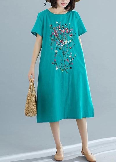 Loose green prints Cotton dresses Women pattern o neck Plus Size summer Dresses - bagstylebliss