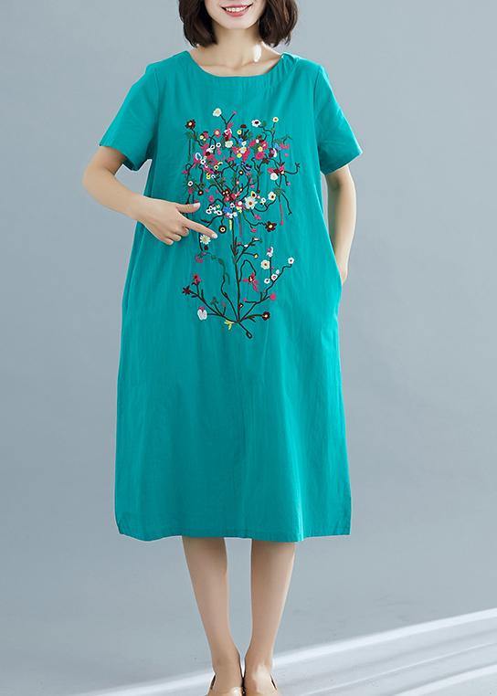 Loose green prints Cotton dresses Women pattern o neck Plus Size summer Dresses - bagstylebliss