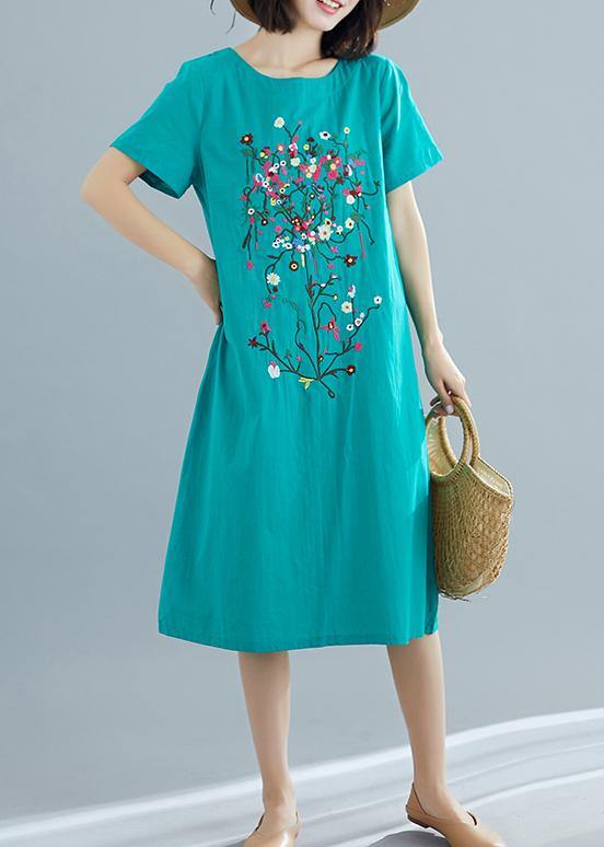 Loose green prints Cotton dresses Women pattern o neck Plus Size summer Dresses - bagstylebliss