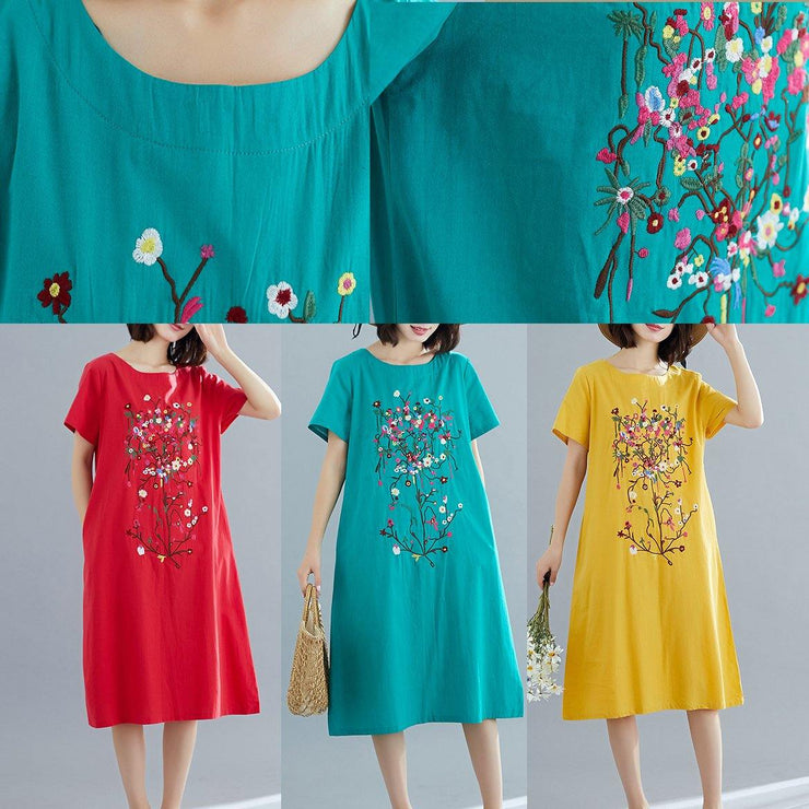 Loose green prints Cotton dresses Women pattern o neck Plus Size summer Dresses - bagstylebliss