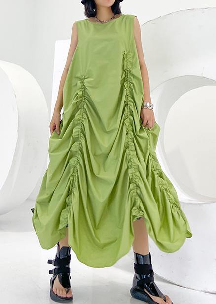 Loose green Cinched cotton dresses o neck sleeveless Maxi Dresses - bagstylebliss