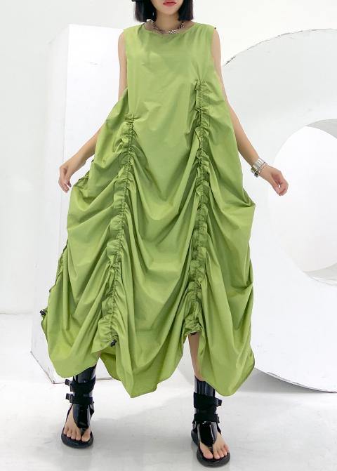 Loose green Cinched cotton dresses o neck sleeveless Maxi Dresses - bagstylebliss