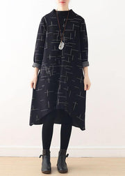 Loose high neck fallclothes linen black plaid Dress - bagstylebliss