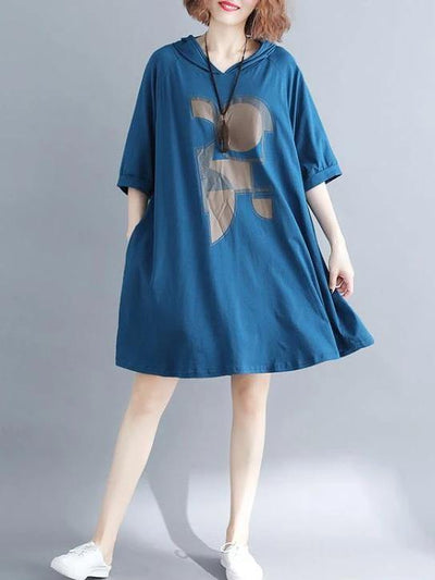 Loose hooded Cotton dress Shape blue print Dress summer - bagstylebliss